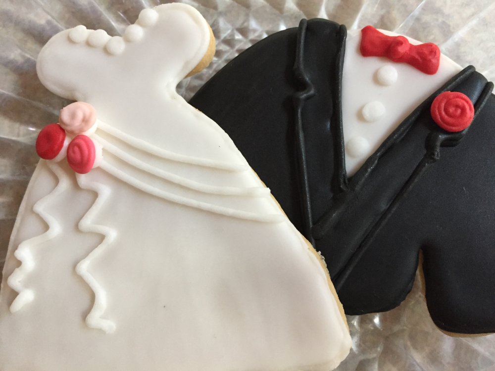 Bride Dress Groom Tux Royal Icing Frosted Cut Out Cookie Favors